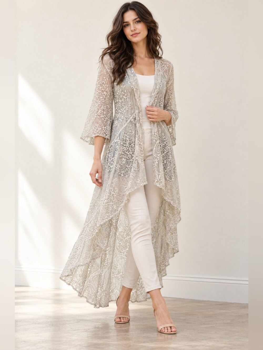 Gretty Zueger Hera Embroidered Silk Hi-Low Duster Crystal Grey. Size small